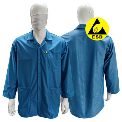 파란색 세탁 가능한 청정실 ESD 스모크 반 정적 옷 96% 폴리에스터 + 4% 탄소